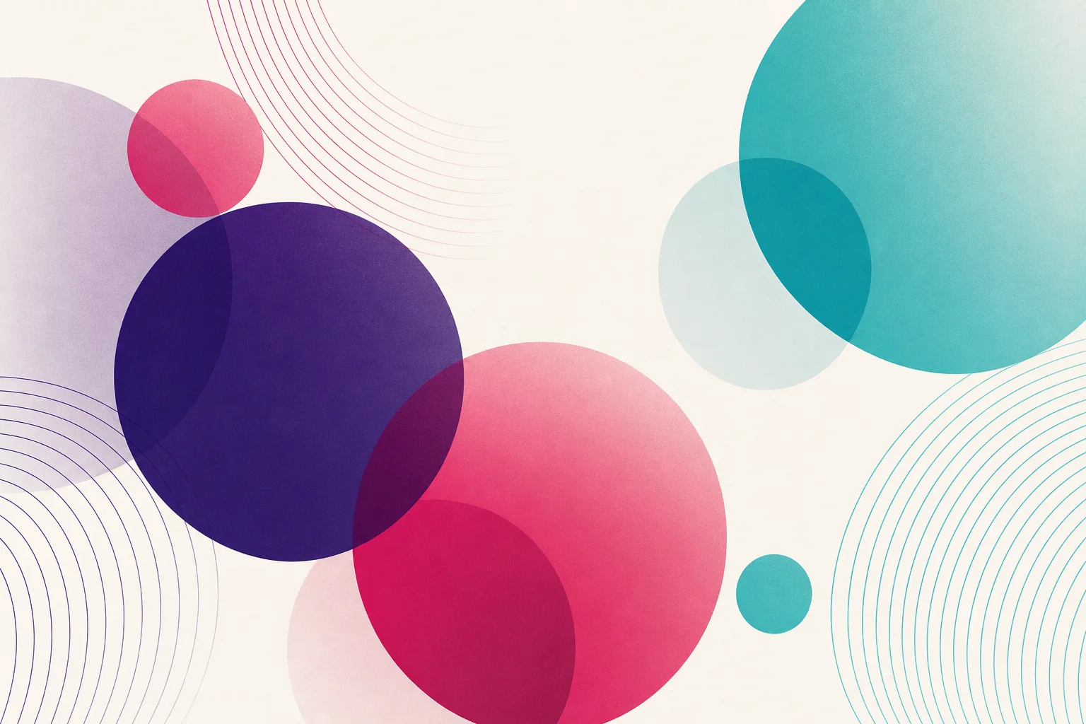 Abstract composition of overlapping circles and signal arcs in purple, magenta and teal